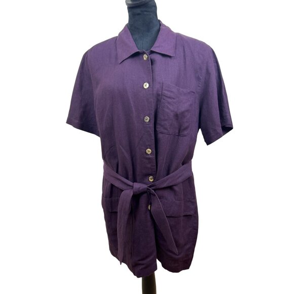 Amanda Smith Purple Linen Button-Down Short Sleeve Shirt With Tie Waist Size 14 - Picture 1 of 9